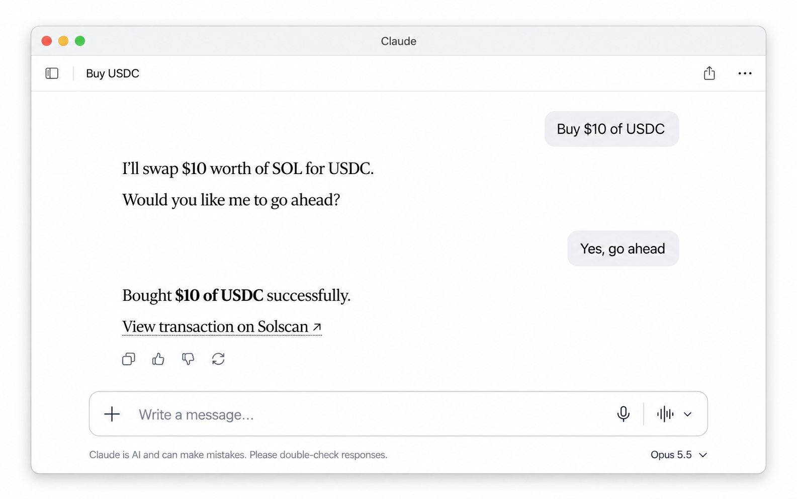 Claude desktop app showing a Buy $10 of USDC request that Claudie swaps from SOL, confirms, and links to view on Solscan